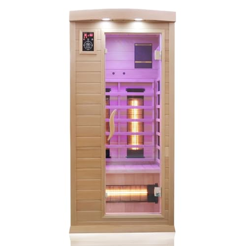 Dewello® Infrarotkabine Infrarotsauna Pierson 90x90 für 1 Person aus Hemlock Holz mit Vollspektrumstrahler, Bodenstrahler, LED-Farblicht, Bluetooth, FM,MP3,USB